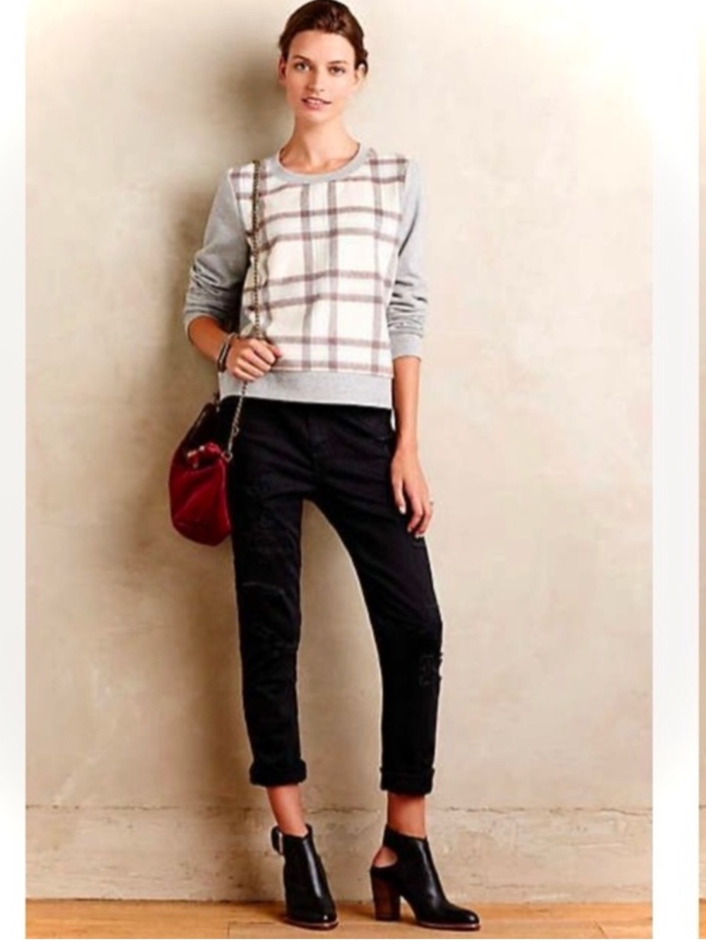 ANTHROPOLOGIE Saturday Sunday Plaid White Red Cotton Wool Blend Size Large